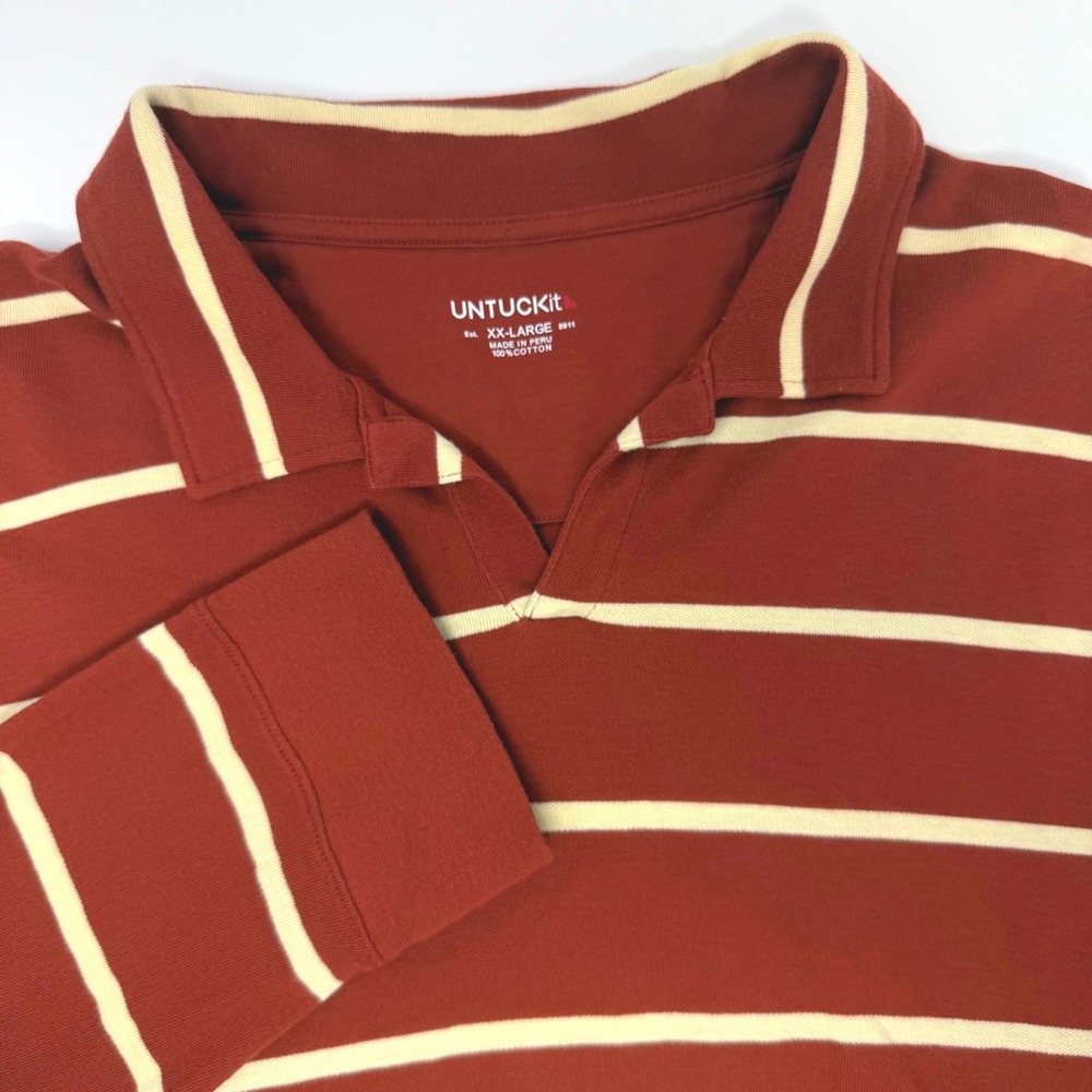 UNTUCKit Julius Mens XXL Rust Striped Long Sleeve Cotton Polo Shirt 41208